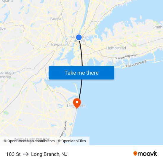 103 St to Long Branch, NJ map