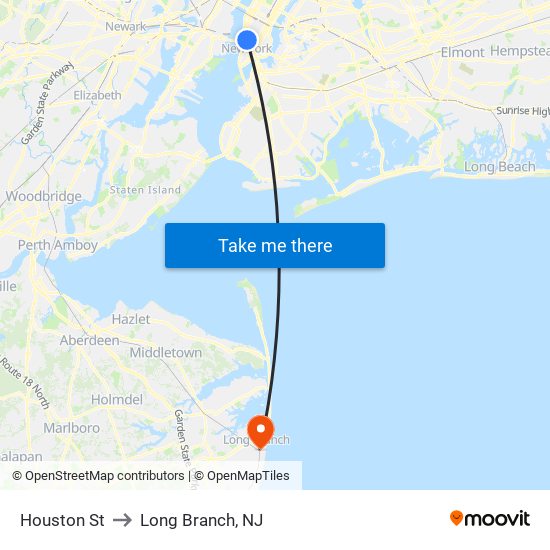 Houston St to Long Branch, NJ map