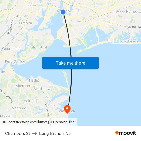 Chambers St to Long Branch, NJ map