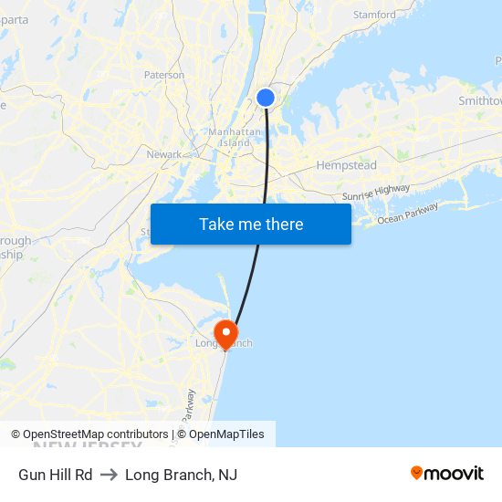 Gun Hill Rd to Long Branch, NJ map