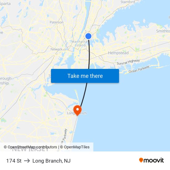 174 St to Long Branch, NJ map