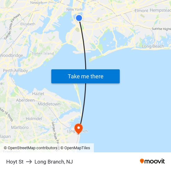 Hoyt St to Long Branch, NJ map