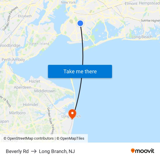 Beverly Rd to Long Branch, NJ map