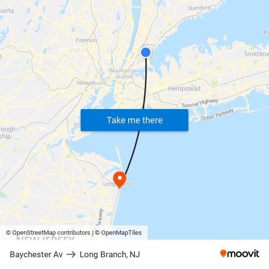 Baychester Av to Long Branch, NJ map