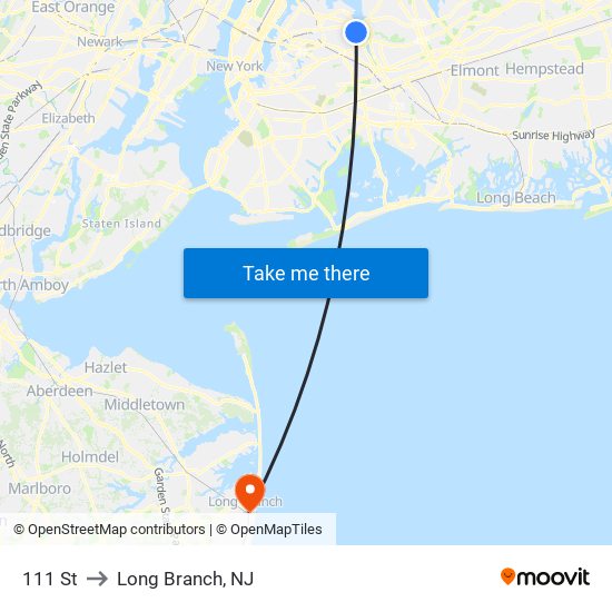 111 St to Long Branch, NJ map