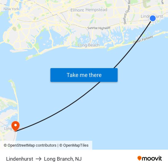 Lindenhurst to Long Branch, NJ map
