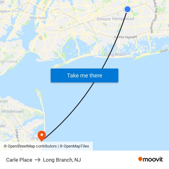 Carle Place to Long Branch, NJ map