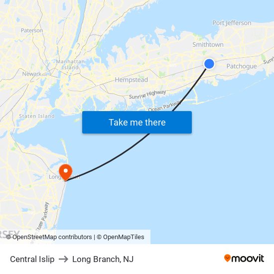 Central Islip to Long Branch, NJ map