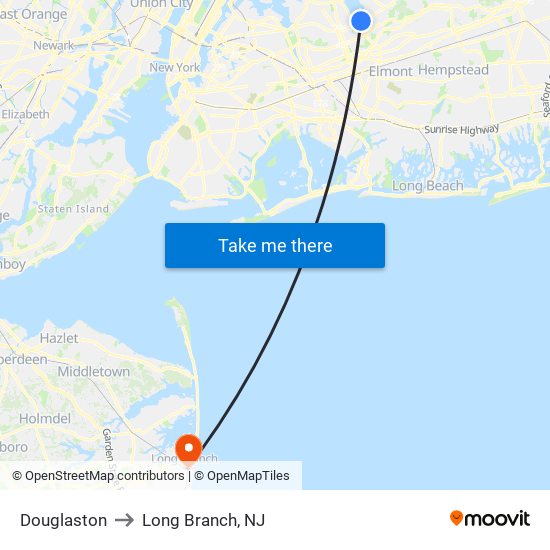 Douglaston to Long Branch, NJ map