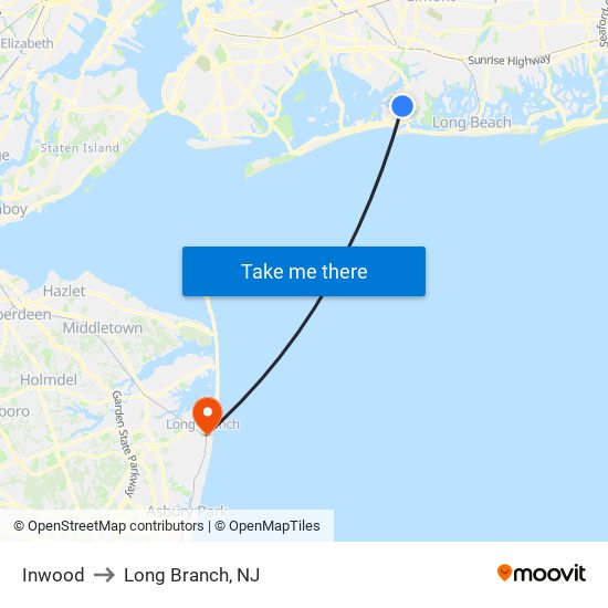 Inwood to Long Branch, NJ map
