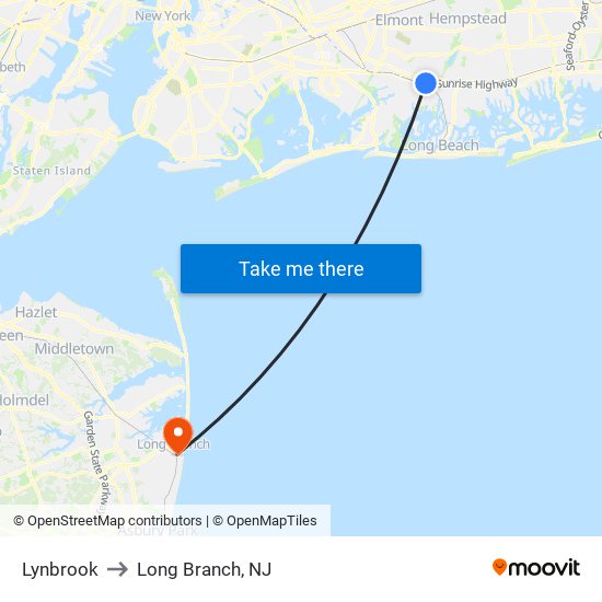 Lynbrook to Long Branch, NJ map