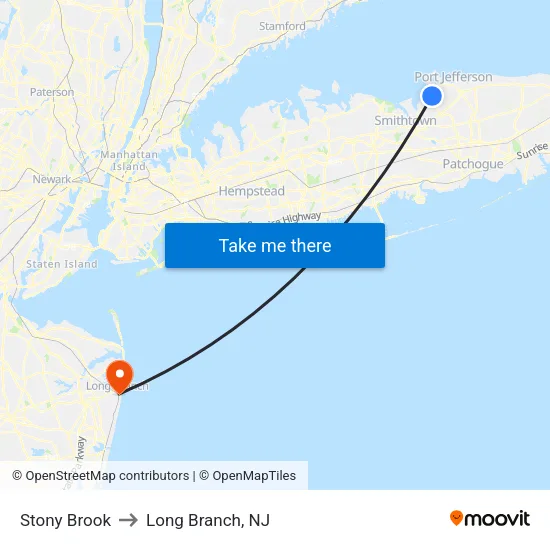Stony Brook to Long Branch, NJ map