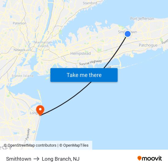 Smithtown to Long Branch, NJ map