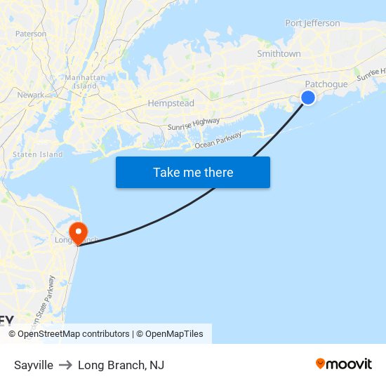 Sayville to Long Branch, NJ map