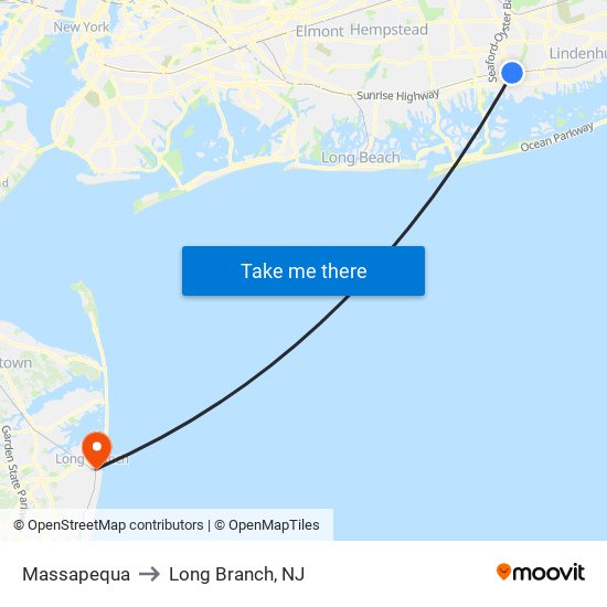 Massapequa to Long Branch, NJ map