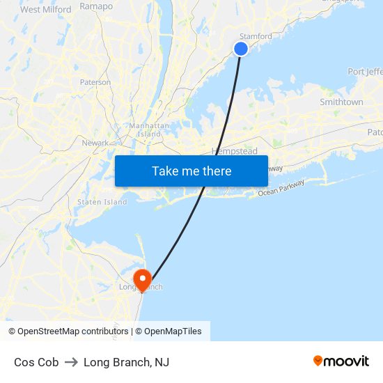 Cos Cob to Long Branch, NJ map