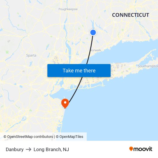 Danbury to Long Branch, NJ map