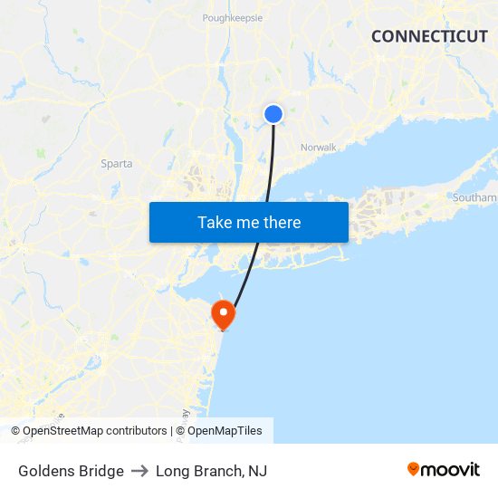 Goldens Bridge to Long Branch, NJ map