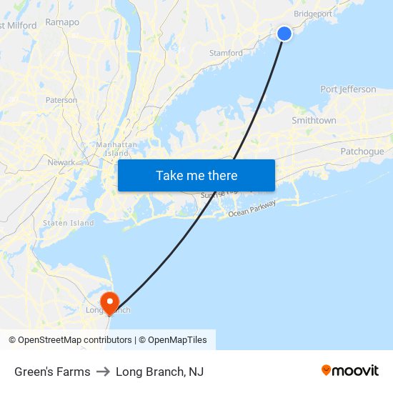 Green's Farms to Long Branch, NJ map