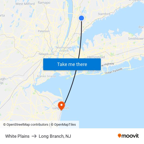 White Plains to Long Branch, NJ map