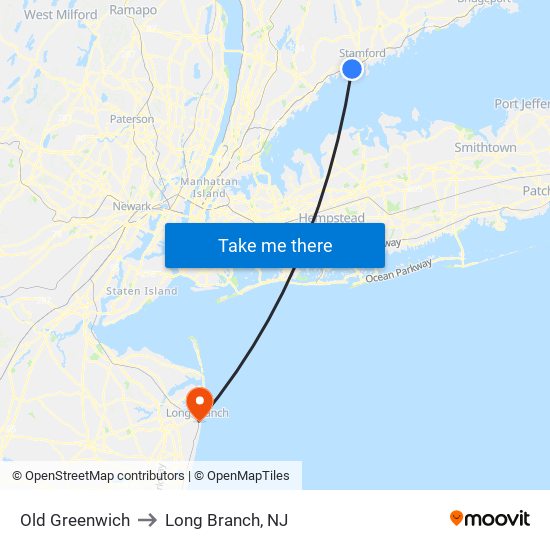 Old Greenwich to Long Branch, NJ map