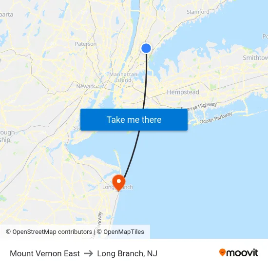 Mount Vernon East to Long Branch, NJ map