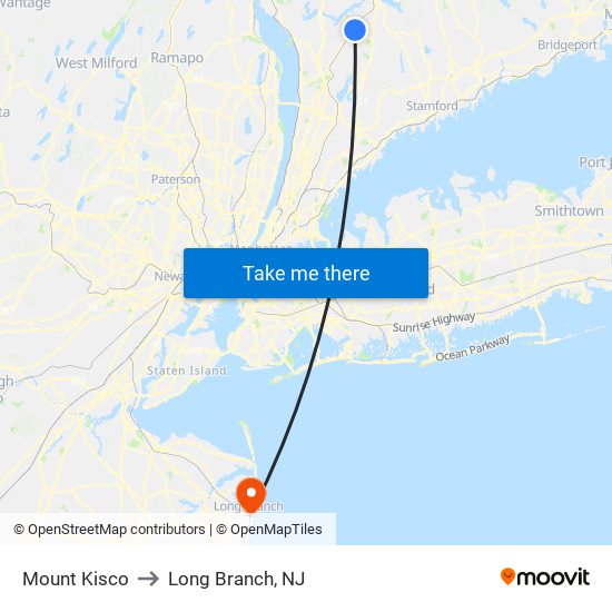 Mount Kisco to Long Branch, NJ map