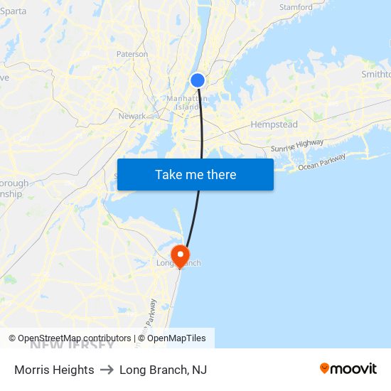 Morris Heights to Long Branch, NJ map