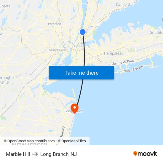 Marble Hill to Long Branch, NJ map