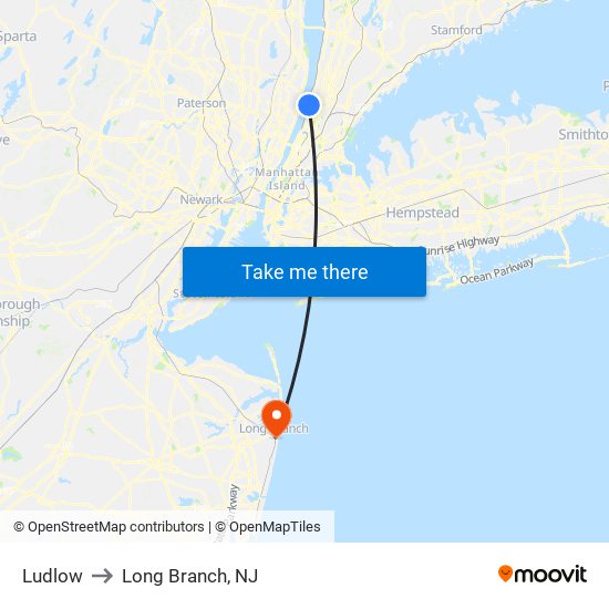 Ludlow to Long Branch, NJ map