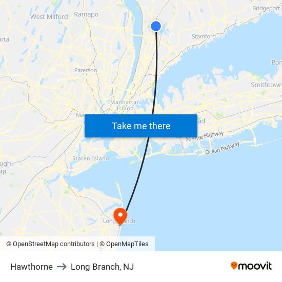 Hawthorne to Long Branch, NJ map