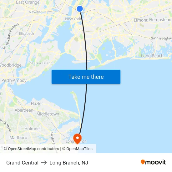 Grand Central to Long Branch, NJ map