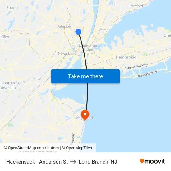 Hackensack - Anderson St to Long Branch, NJ map
