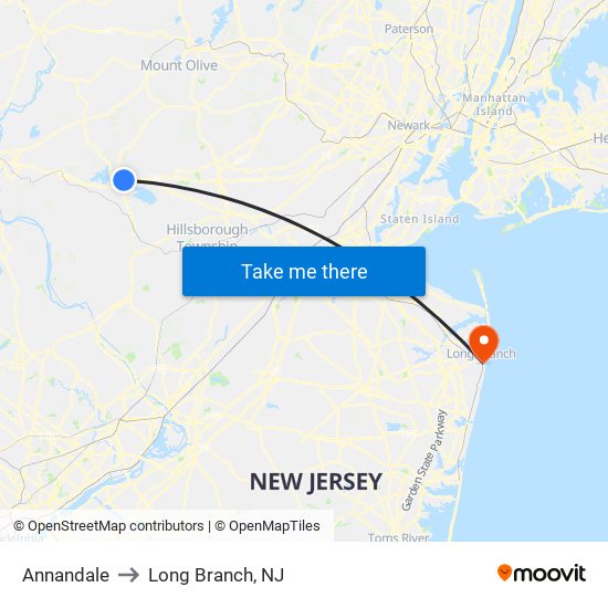 Annandale to Long Branch, NJ map