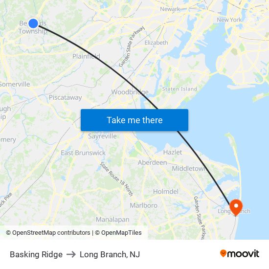 Basking Ridge to Long Branch, NJ map