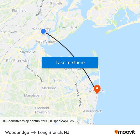 Woodbridge to Long Branch, NJ map