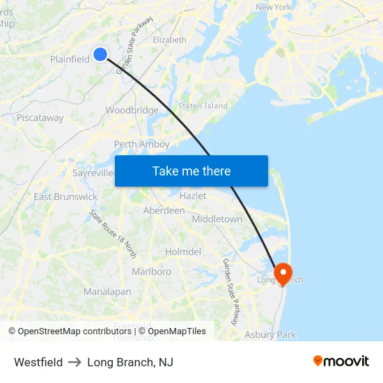 Westfield to Long Branch, NJ map