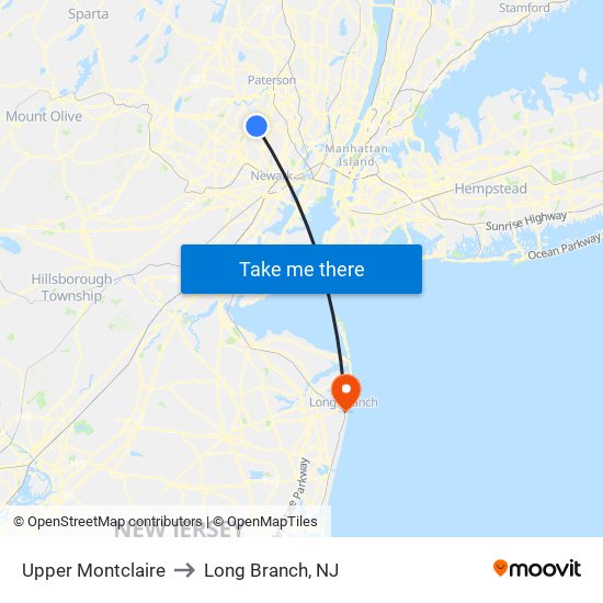 Upper Montclaire to Long Branch, NJ map