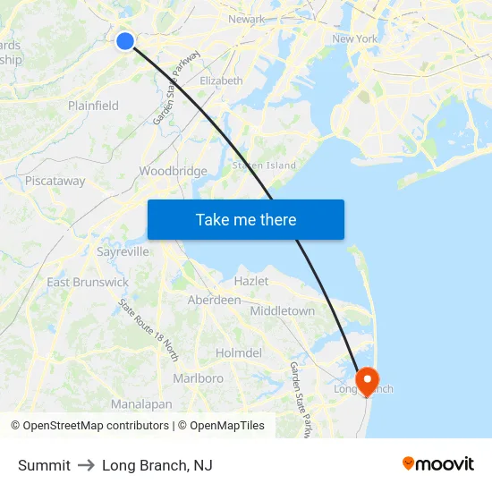Summit to Long Branch, NJ map