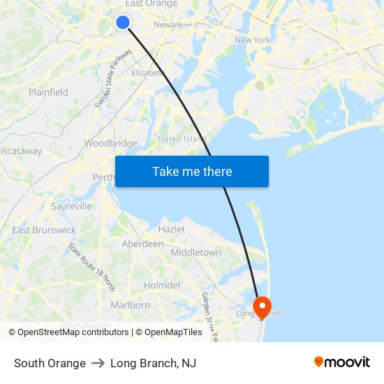 South Orange to Long Branch, NJ map