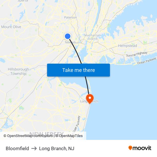 Bloomfield to Long Branch, NJ map