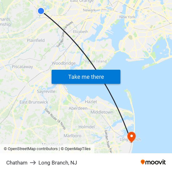 Chatham to Long Branch, NJ map