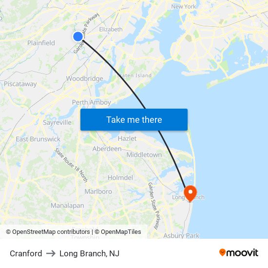 Cranford to Long Branch, NJ map