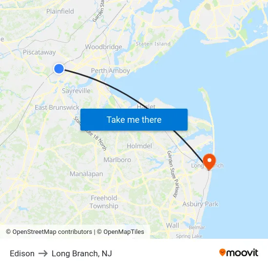 Edison to Long Branch, NJ map