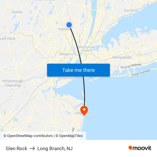 Glen Rock to Long Branch, NJ map