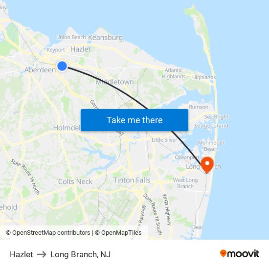 Hazlet to Long Branch, NJ map