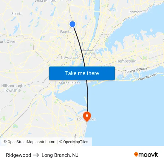 Ridgewood to Long Branch, NJ map