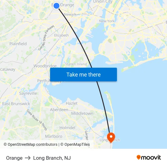 Orange to Long Branch, NJ map