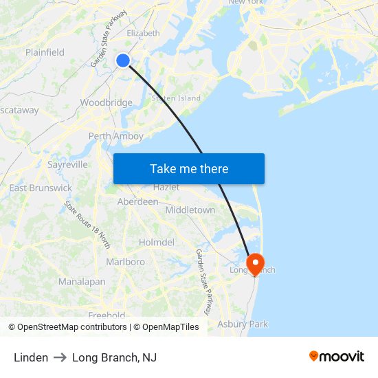 Linden to Long Branch, NJ map