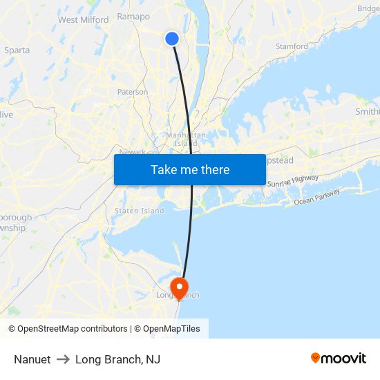 Nanuet to Long Branch, NJ map
